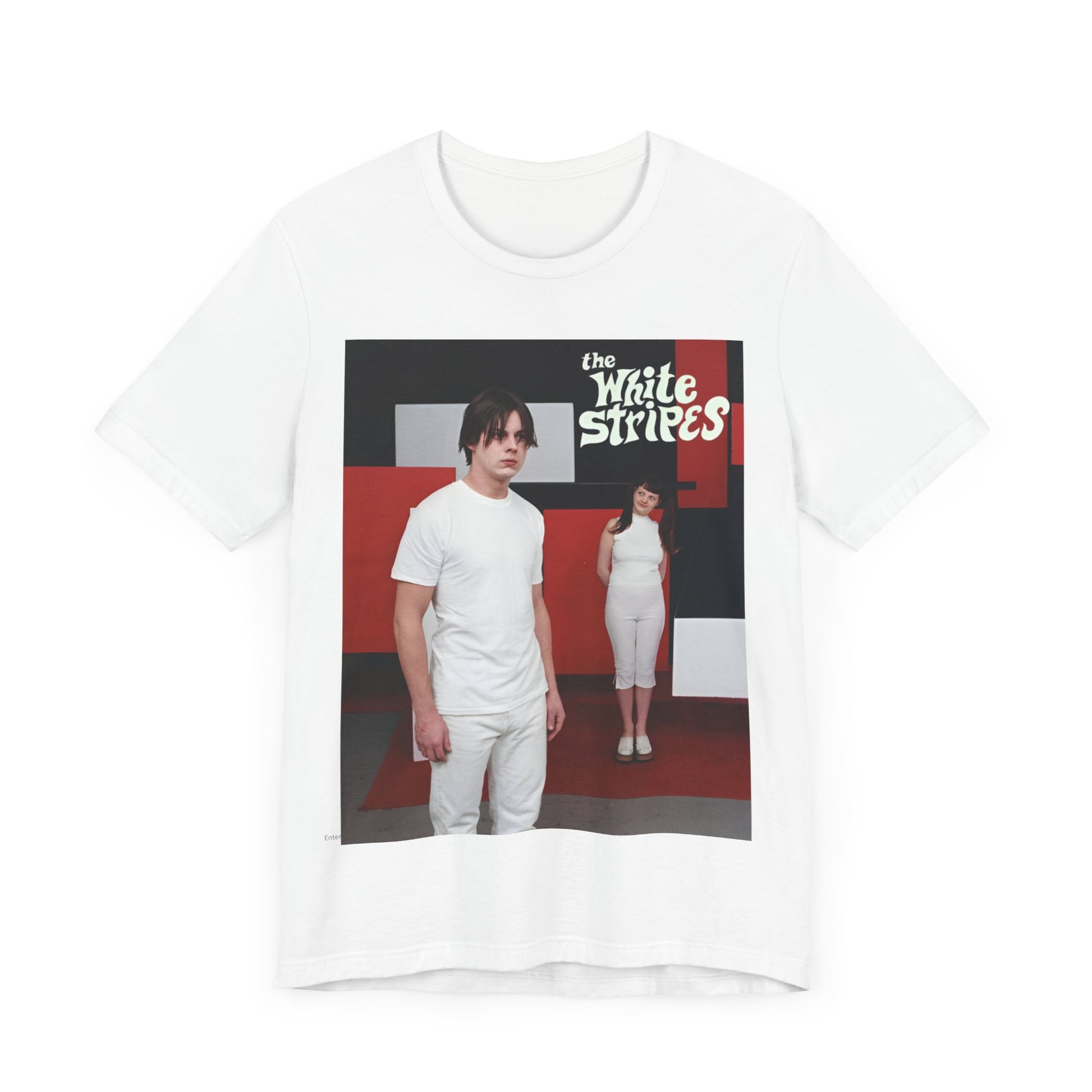 A black graphic t-shirt featuring a red and white aesthetic graphic of The White Stripes.
