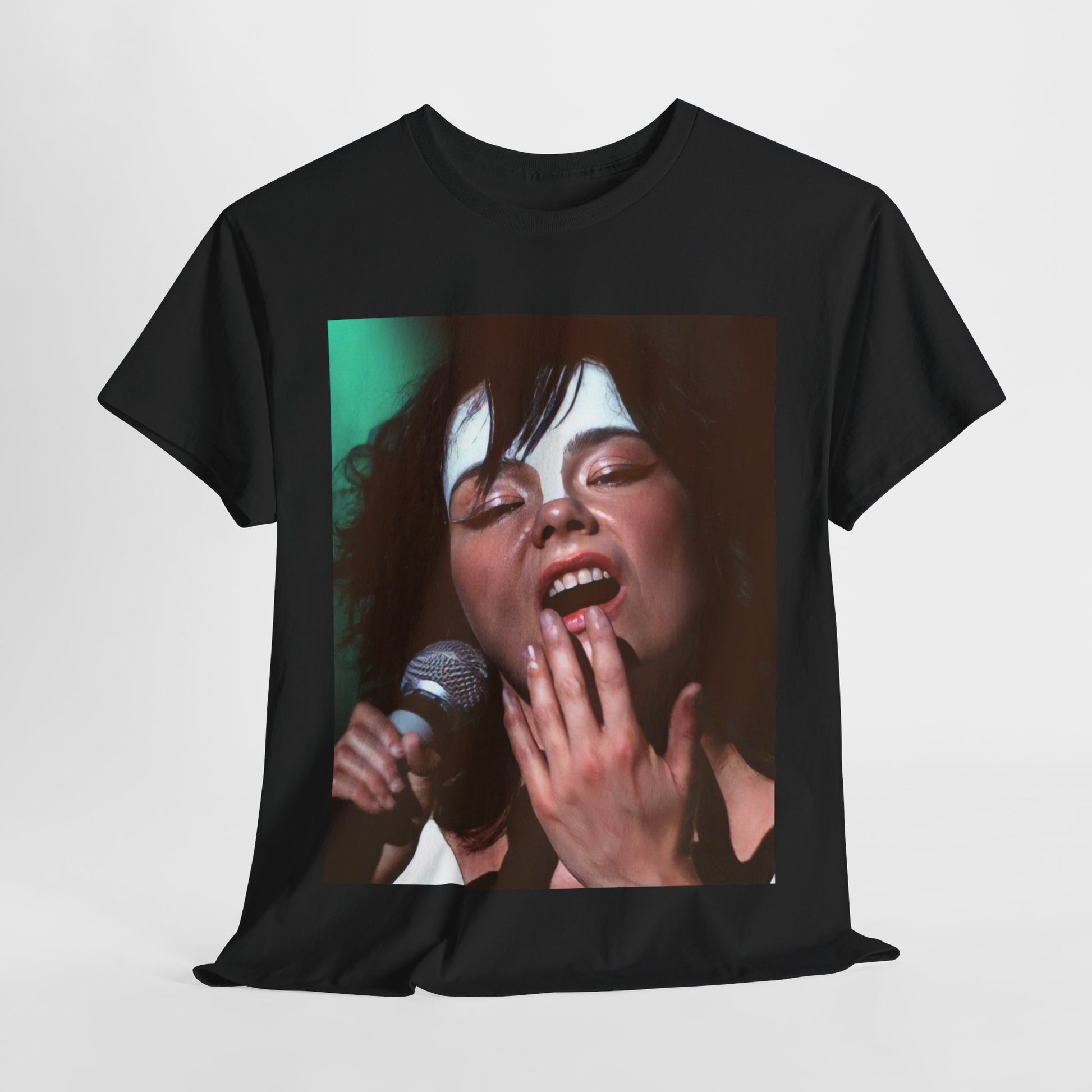 A black graphic t-shirt featuring a graphic of Bjork showcasing her bold and experimental fashion from the 1990s.