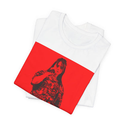 A portrait of Billie Eilish with platinum blonde hair from her 'Happier Than Ever' era, looking over her shoulder, printed on a graphic t-shirt.