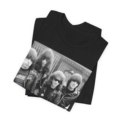 A black graphic t-shirt featuring a retro graphic related to Ramones' 'I Wanna Be Sedated' song or era.
