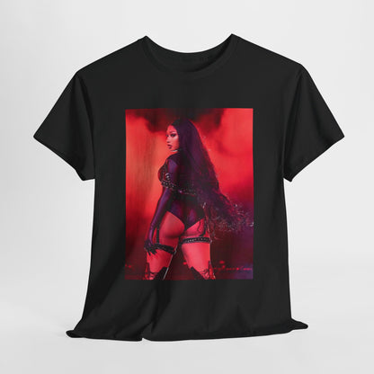 A black graphic t-shirt featuring a retro graphic related to Megan Thee Stallion's 'Savage' song or era.