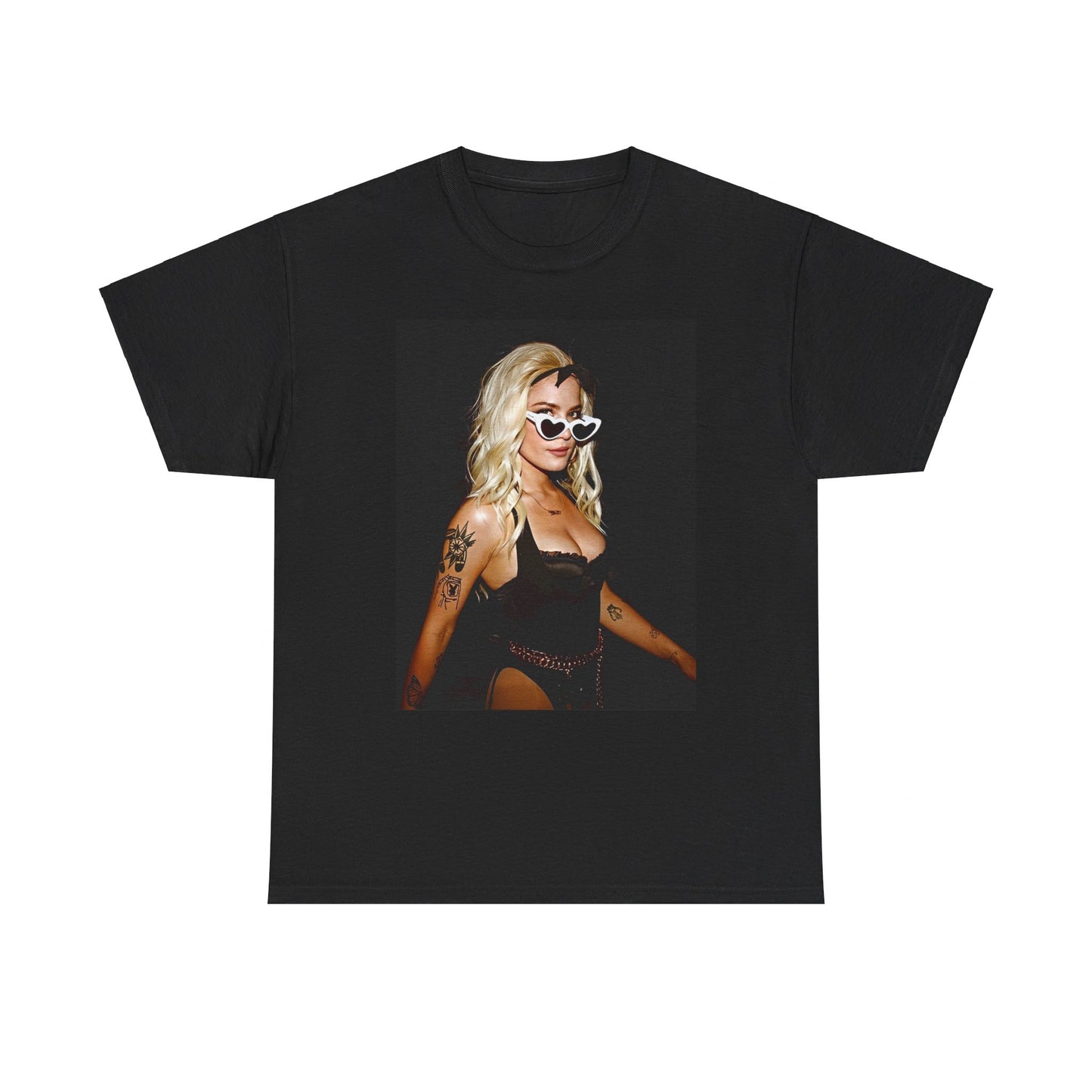A black graphic t-shirt featuring a stylized graphic of Halsey as a modern pop icon.