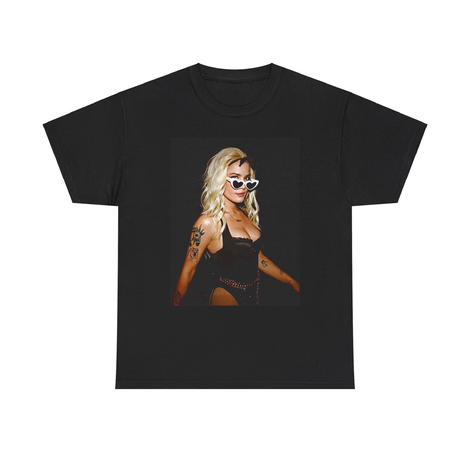 A black graphic t-shirt featuring a stylized graphic of Halsey as a modern pop icon.