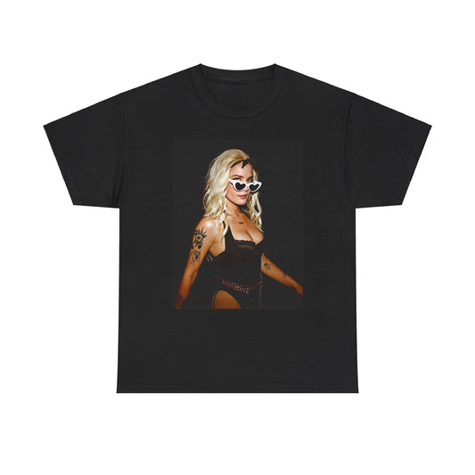 A black graphic t-shirt featuring a stylized graphic of Halsey as a modern pop icon.