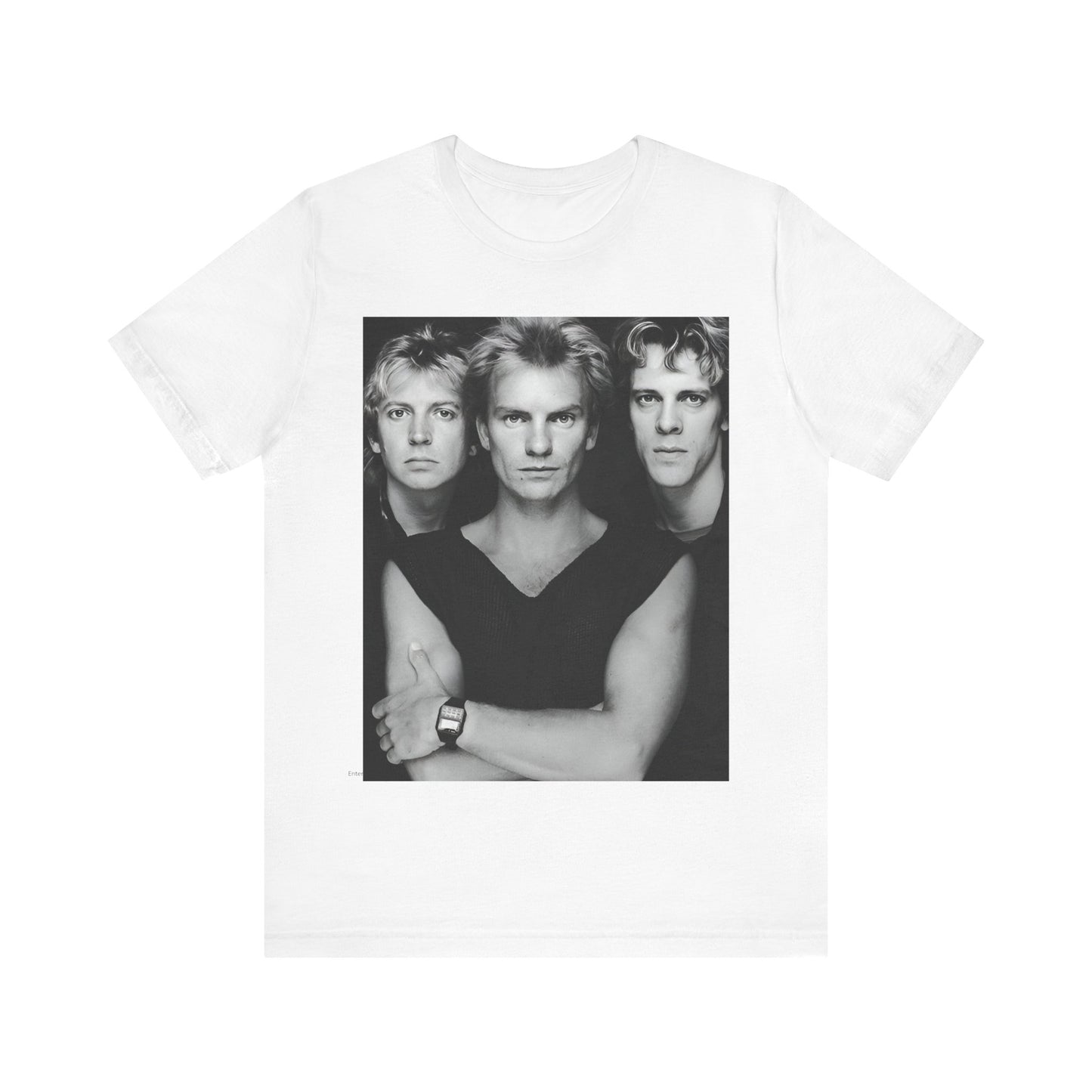 A black graphic t-shirt featuring a graphic related to The Police's 'Every Breath You Take' song or era.