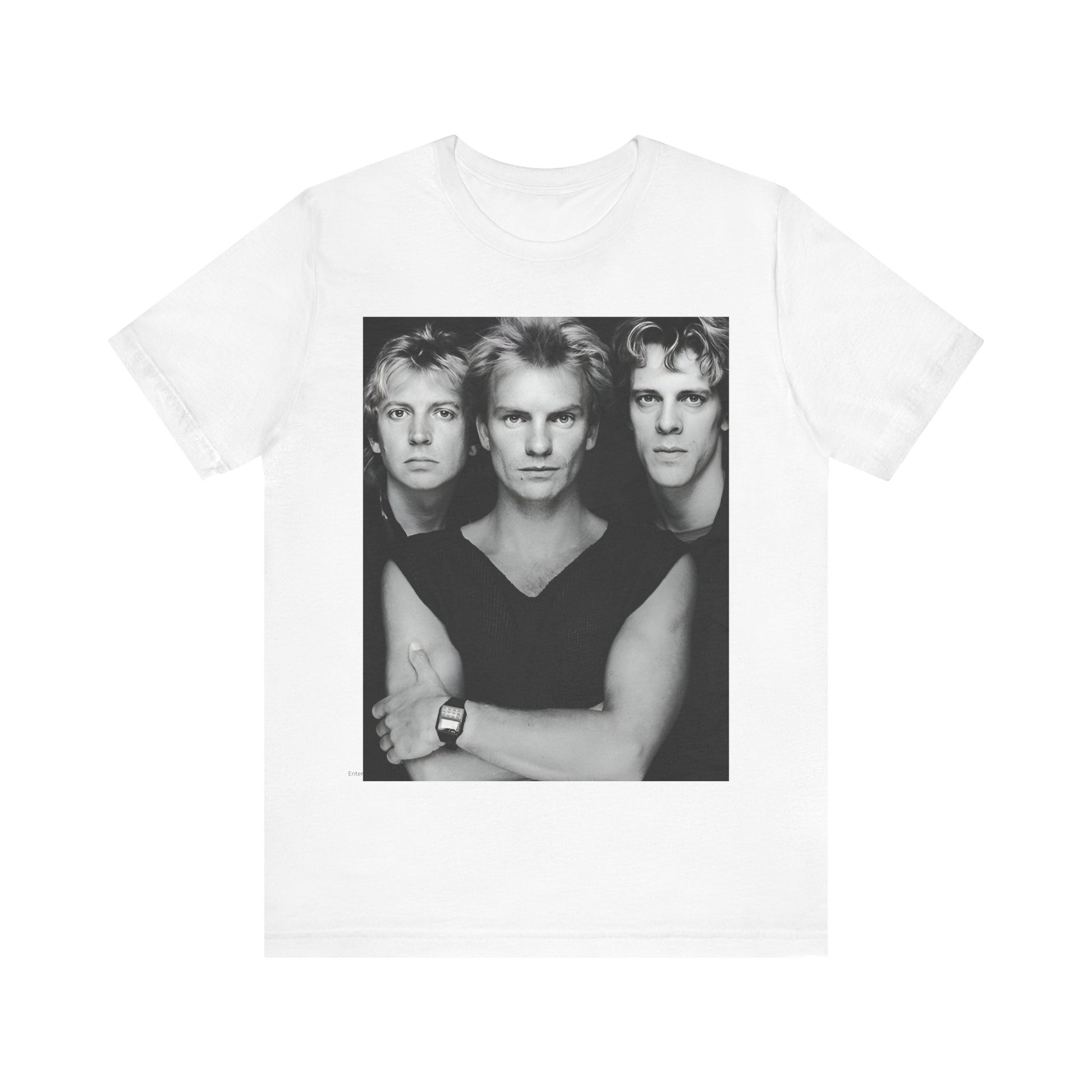 A black graphic t-shirt featuring a graphic related to The Police's 'Every Breath You Take' song or era.