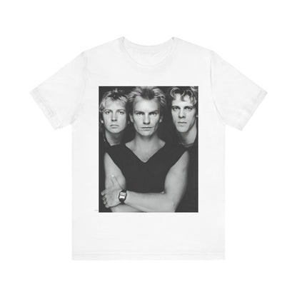 A black graphic t-shirt featuring a graphic related to The Police's 'Every Breath You Take' song or era.