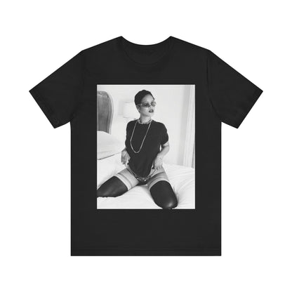 A black graphic t-shirt featuring a black and white graphic related to Rihanna's 'Diamonds' song or era.