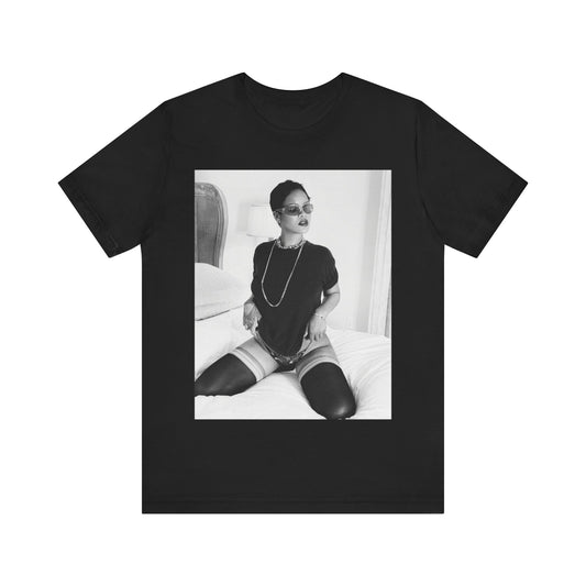 A black graphic t-shirt featuring a black and white graphic related to Rihanna's 'Diamonds' song or era.