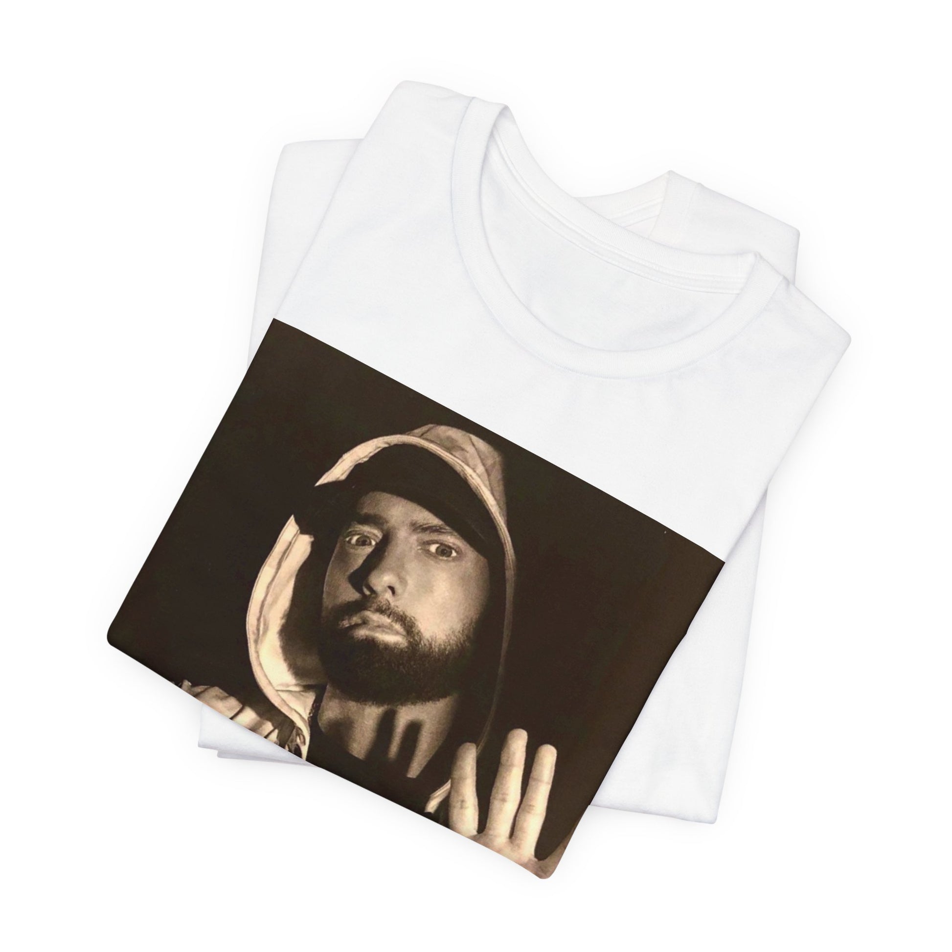 A black graphic t-shirt featuring a graphic of Eminem as an authentic underground rap icon.