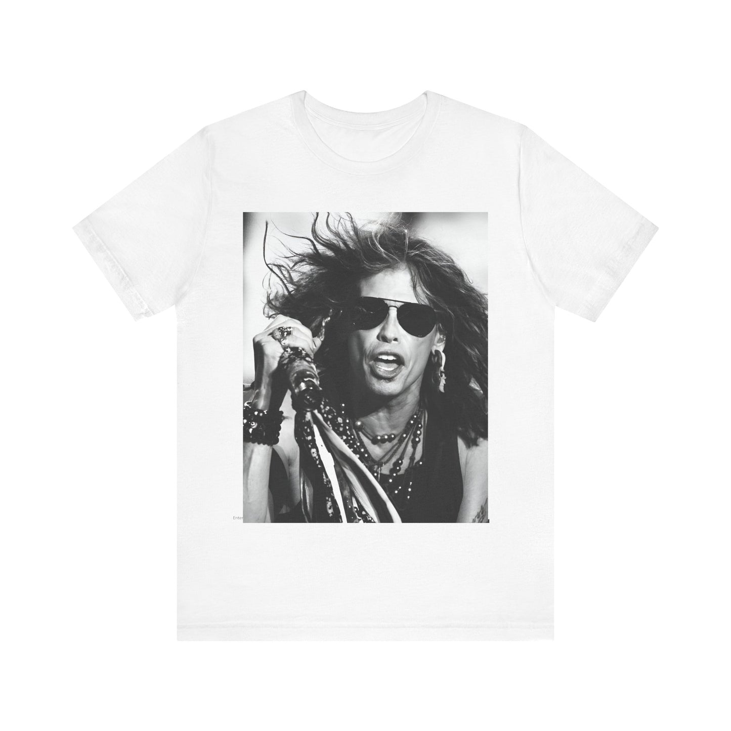 A black graphic t-shirt featuring a black and white photo of Aerosmith's Steven Tyler with his signature scarf and microphone, captured during a dynamic performance.
