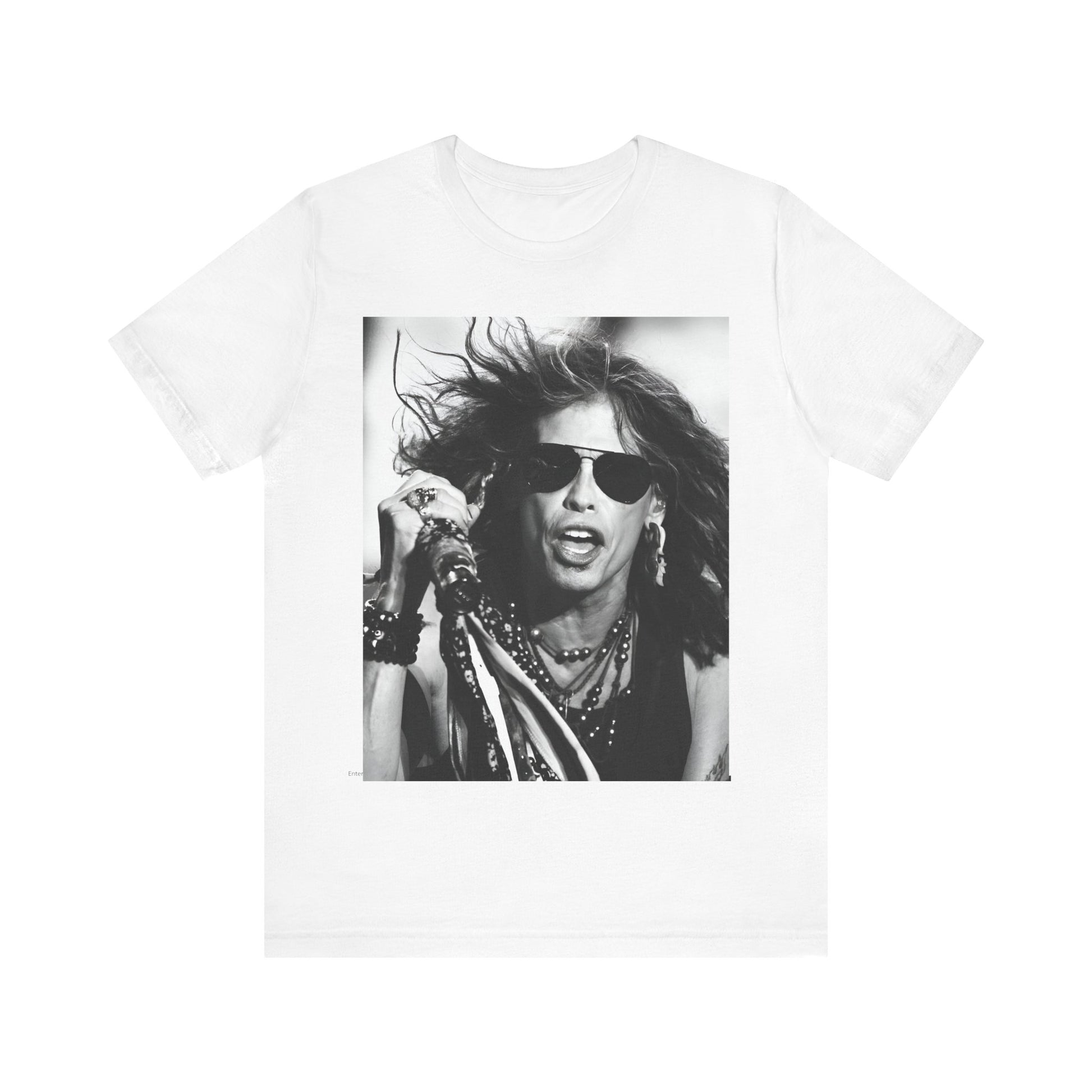 A black graphic t-shirt featuring a black and white photo of Aerosmith's Steven Tyler with his signature scarf and microphone, captured during a dynamic performance.