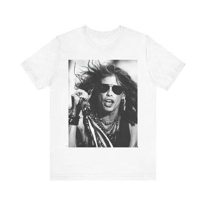 A black graphic t-shirt featuring a black and white photo of Aerosmith's Steven Tyler with his signature scarf and microphone, captured during a dynamic performance.