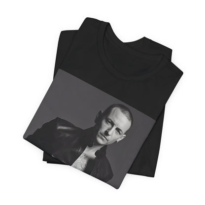 A black graphic t-shirt featuring a graphic of Chester Bennington from Linkin Park as a rock icon.