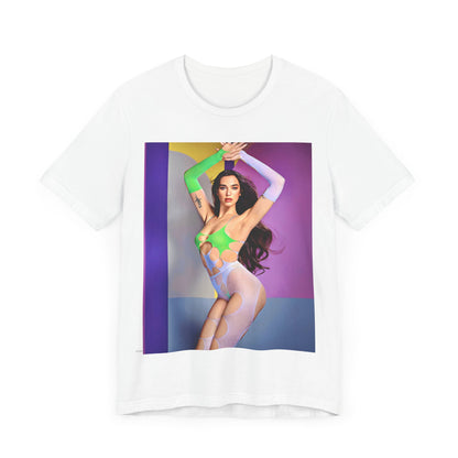 A black graphic t-shirt featuring a casual graphic related to Dua Lipa's "Future Nostalgia" era.
