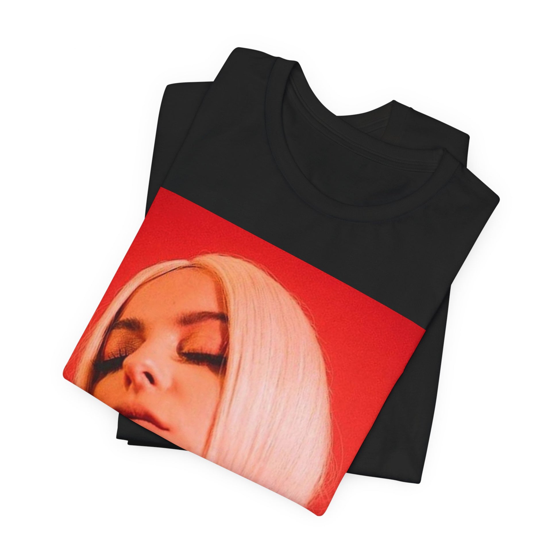 A black graphic t-shirt featuring a graphic of Bebe Rexha, designed with a glamorous or dazzling aesthetic.