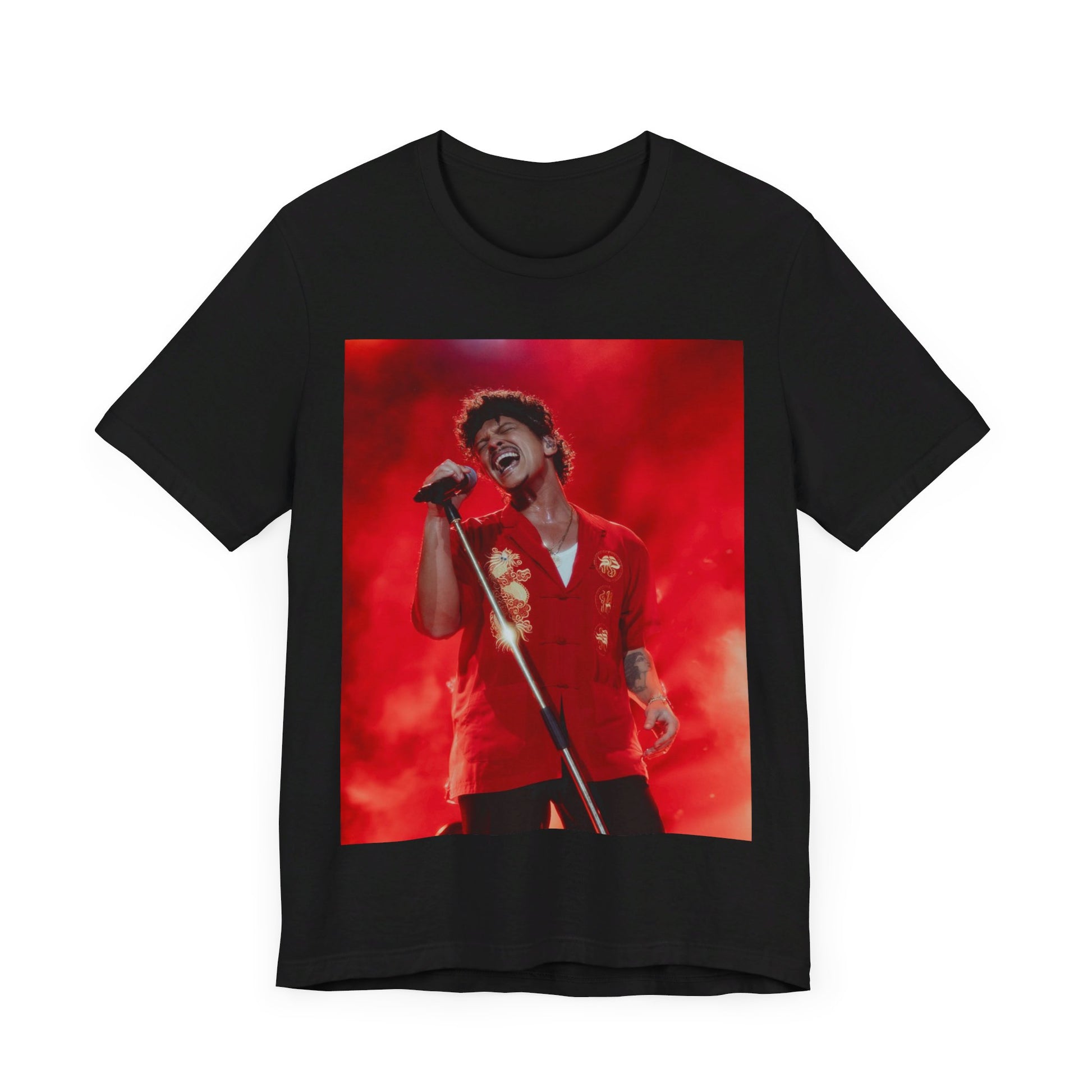 A black graphic t-shirt featuring a graphic related to Bruno Mars' 'Grenade' song or era.