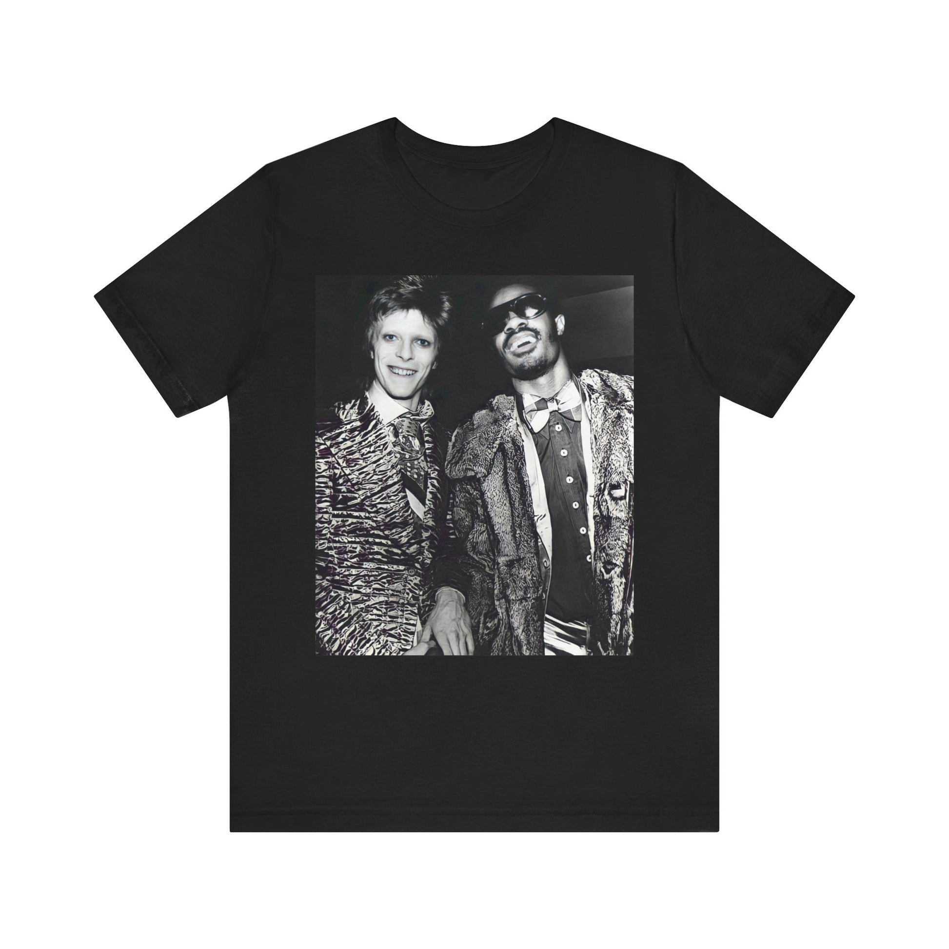 A black graphic t-shirt featuring a retro graphic of Stevie Wonder and David Bowie together.