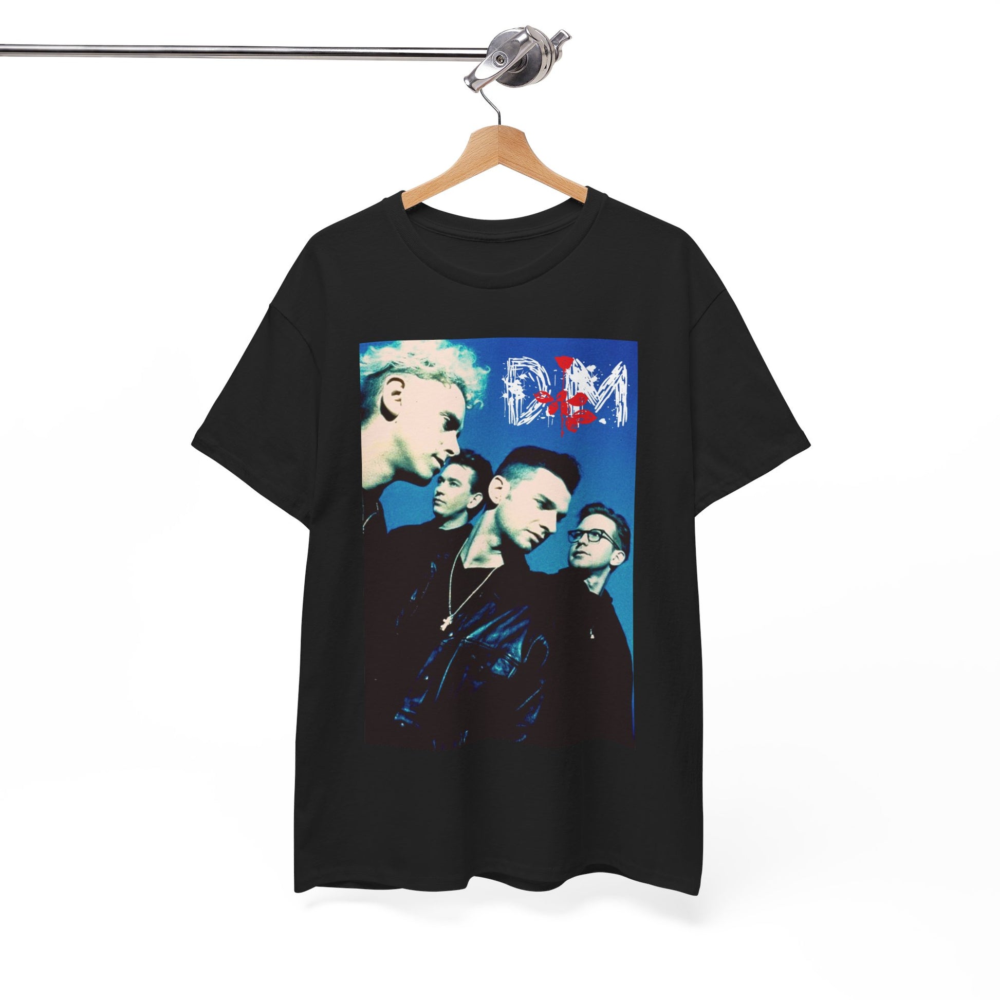 A black graphic t-shirt featuring a vintage photo related to Depeche Mode's 'Violator' album era.