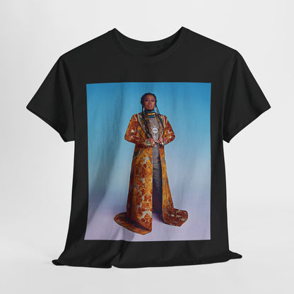 A black graphic t-shirt featuring a graphic of Missy Elliott as an iconic fashion trendsetter.