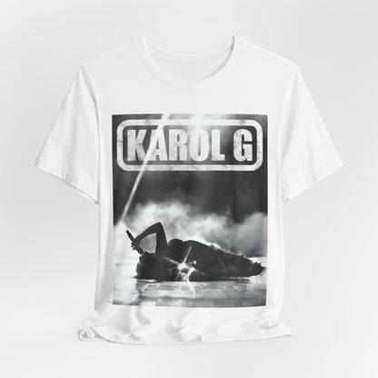 A black graphic t-shirt featuring a black and white graphic or photo of Karol G performing live on stage.