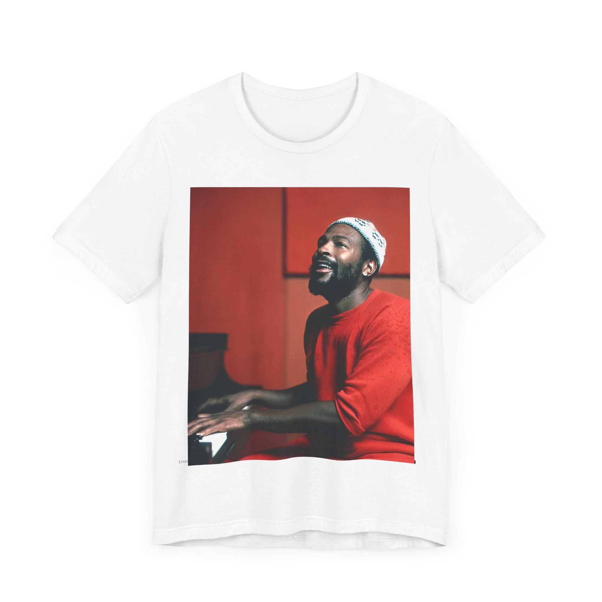 A black graphic t-shirt featuring a graphic of Marvin Gaye with a piano.