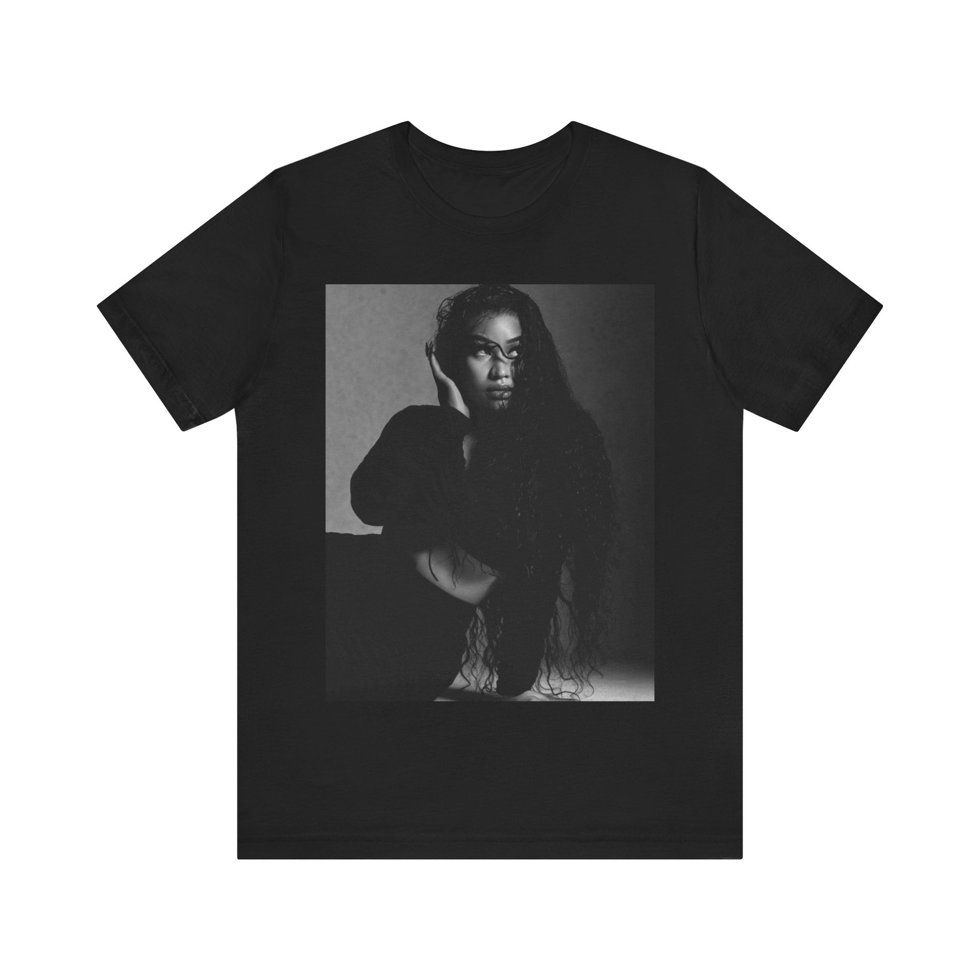 A black graphic t-shirt featuring a black and white graphic or photo of Nicki Minaj as a glamour queen.