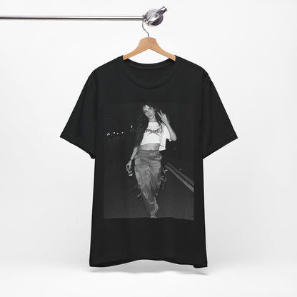 A black graphic t-shirt featuring a photo of Camila Cabello from her "Romance" album era.