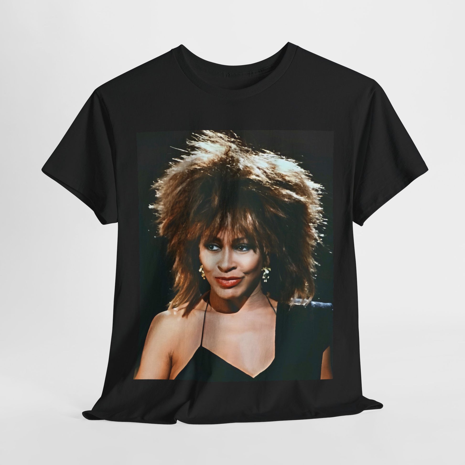A black graphic t-shirt featuring a graphic of Tina Turner as the Queen of Rock & Roll.