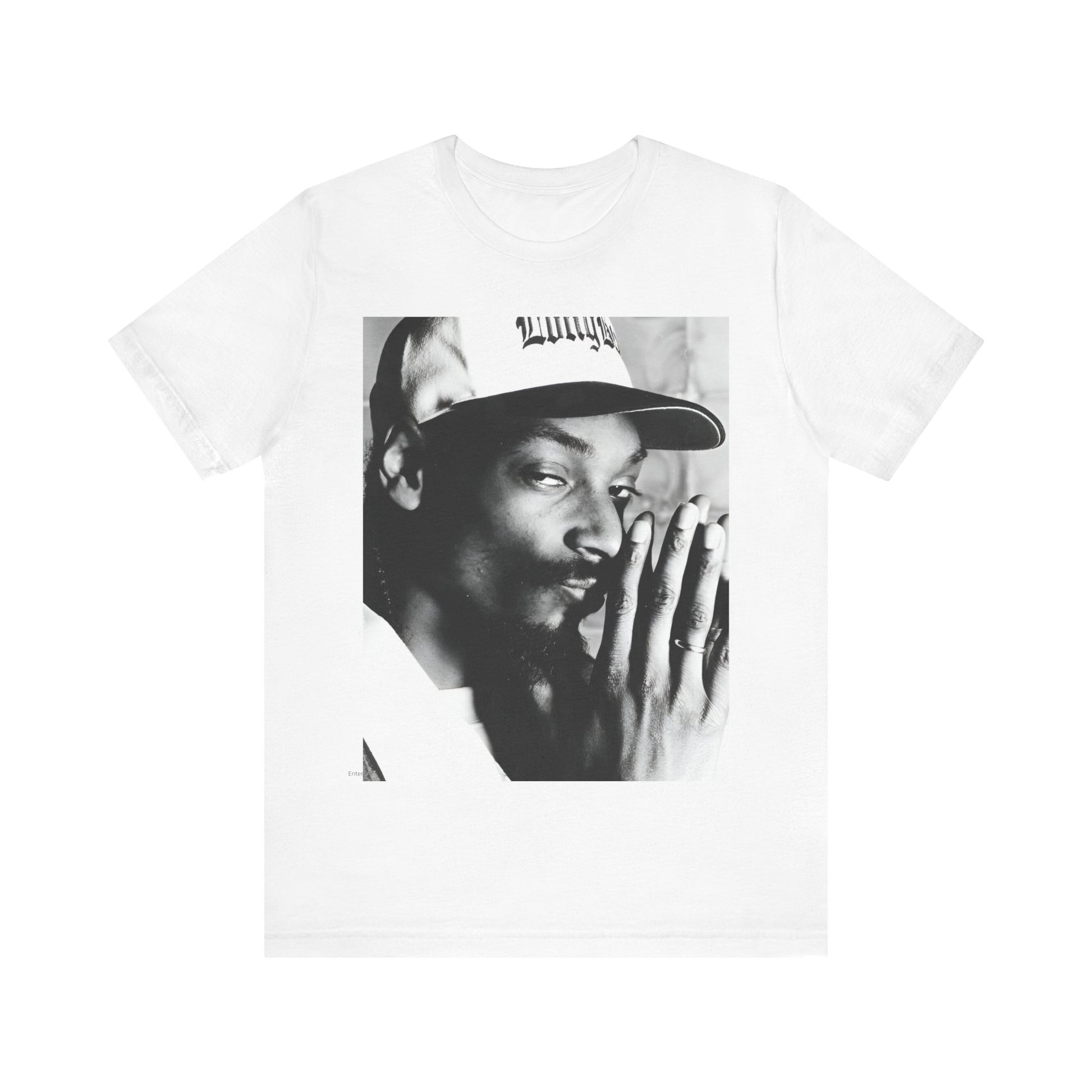 A black graphic t-shirt featuring a cool black and white graphic or photo of Snoop Dogg as a rapper.