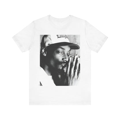 A black graphic t-shirt featuring a cool black and white graphic or photo of Snoop Dogg as a rapper.