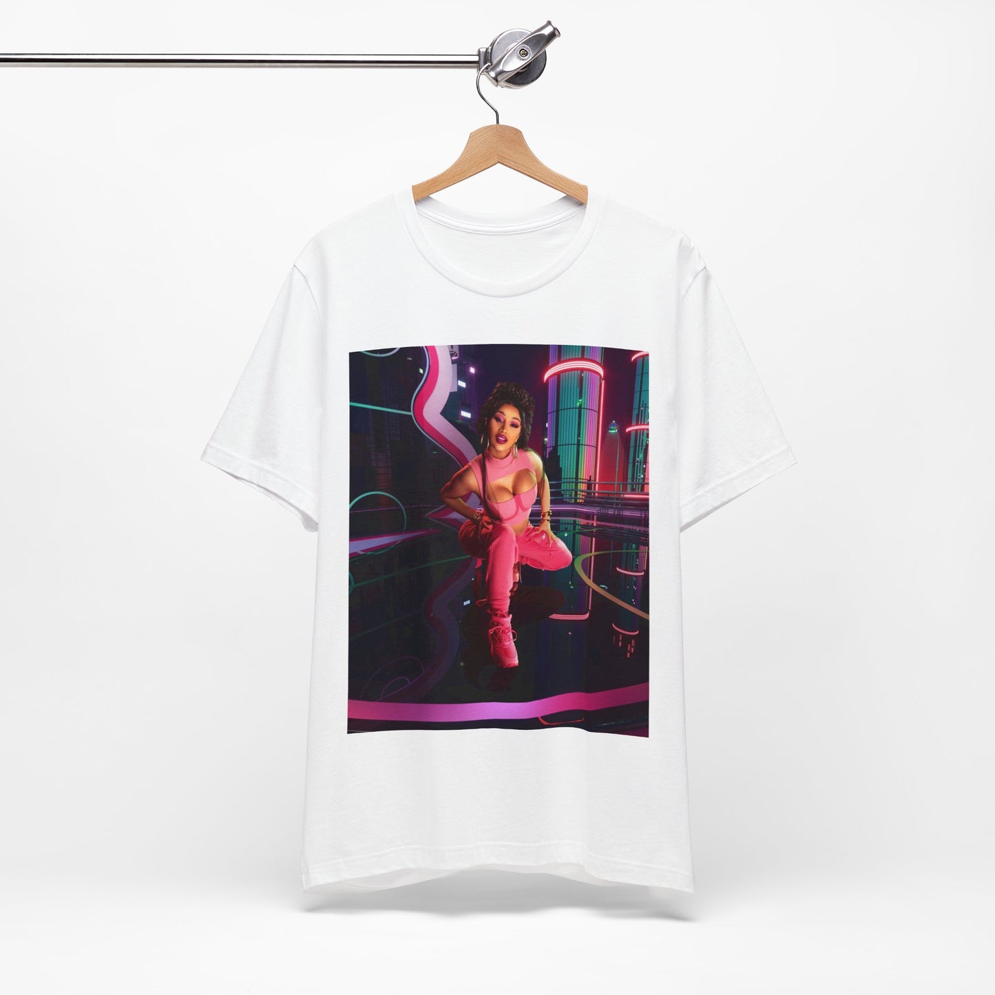 A black graphic t-shirt featuring a graphic related to Cardi B's "WAP" song or era.