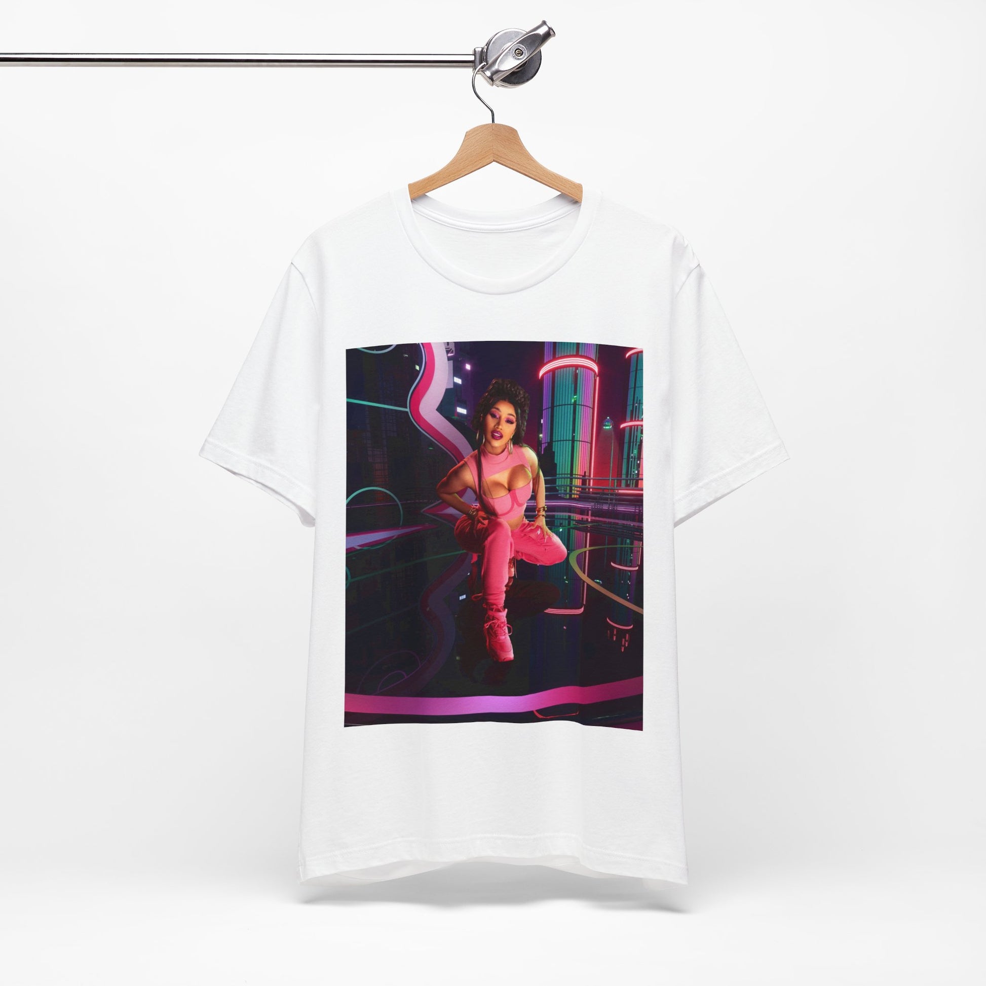 A black graphic t-shirt featuring a graphic related to Cardi B's "WAP" song or era.