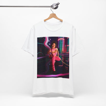 A black graphic t-shirt featuring a graphic related to Cardi B's "WAP" song or era.