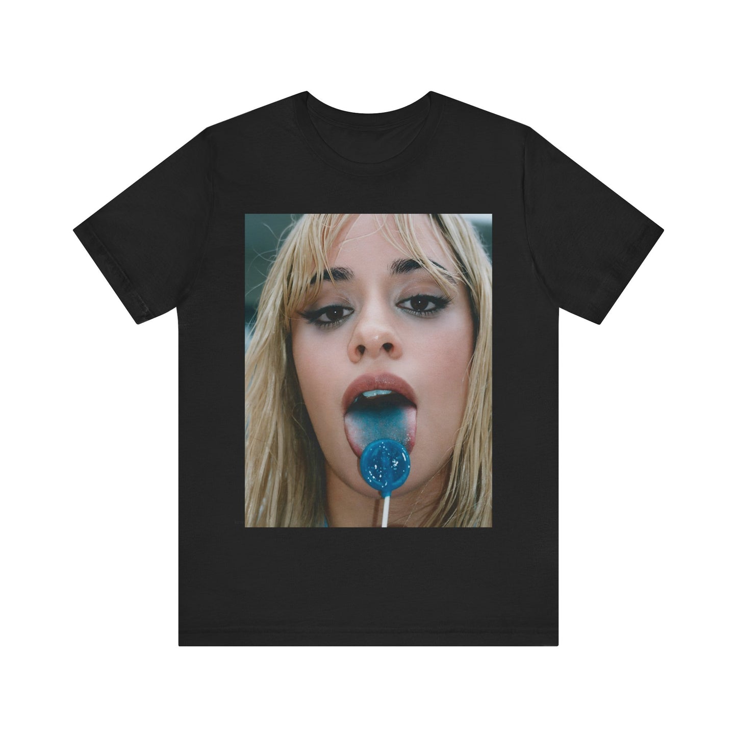 A black graphic t-shirt featuring a graphic related to Camila Cabello's C,XOXO album, with an aesthetic design.