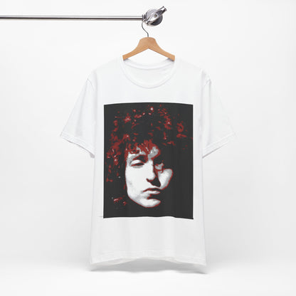 A black graphic t-shirt featuring a graphic related to Bob Dylan's 'Blood on the Tracks' album era, possibly with album art elements.