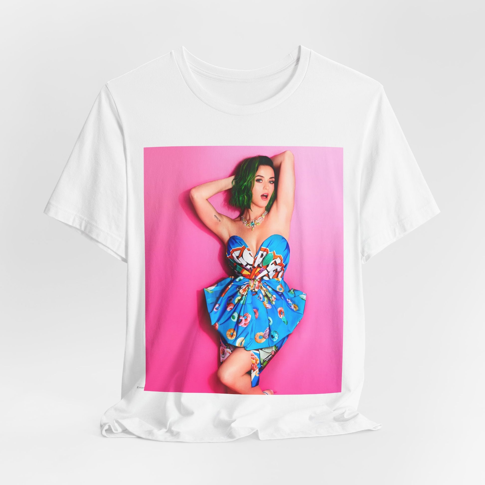 A black graphic t-shirt featuring a graphic related to Katy Perry's 'Dark Horse' song or era.