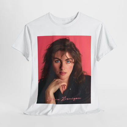 A black graphic t-shirt featuring a vintage 80s pop diva graphic of Laura Branigan.