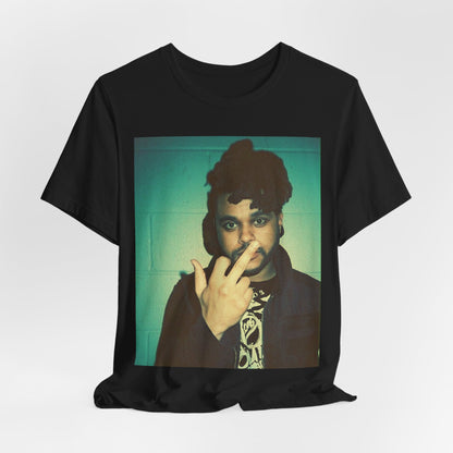 A black graphic t-shirt featuring a graphic of The Weeknd making the middle finger gesture.