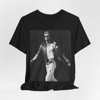 A black graphic t-shirt featuring a retro black and white monochrome graphic or photo of George Michael.