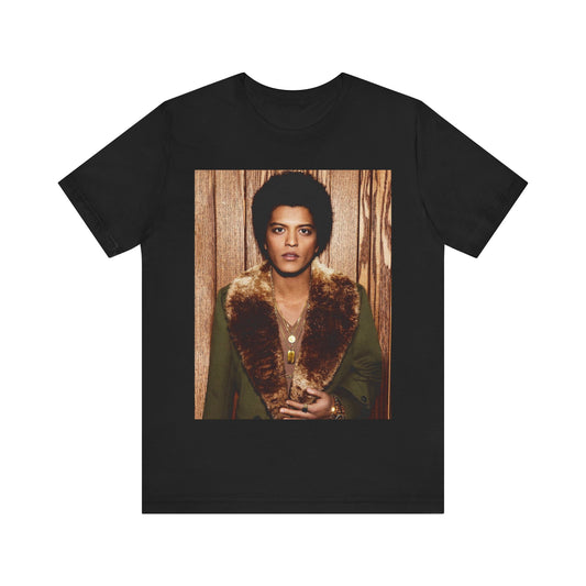 A black graphic t-shirt featuring a graphic related to Bruno Mars' "Just the Way You Are" song or era.