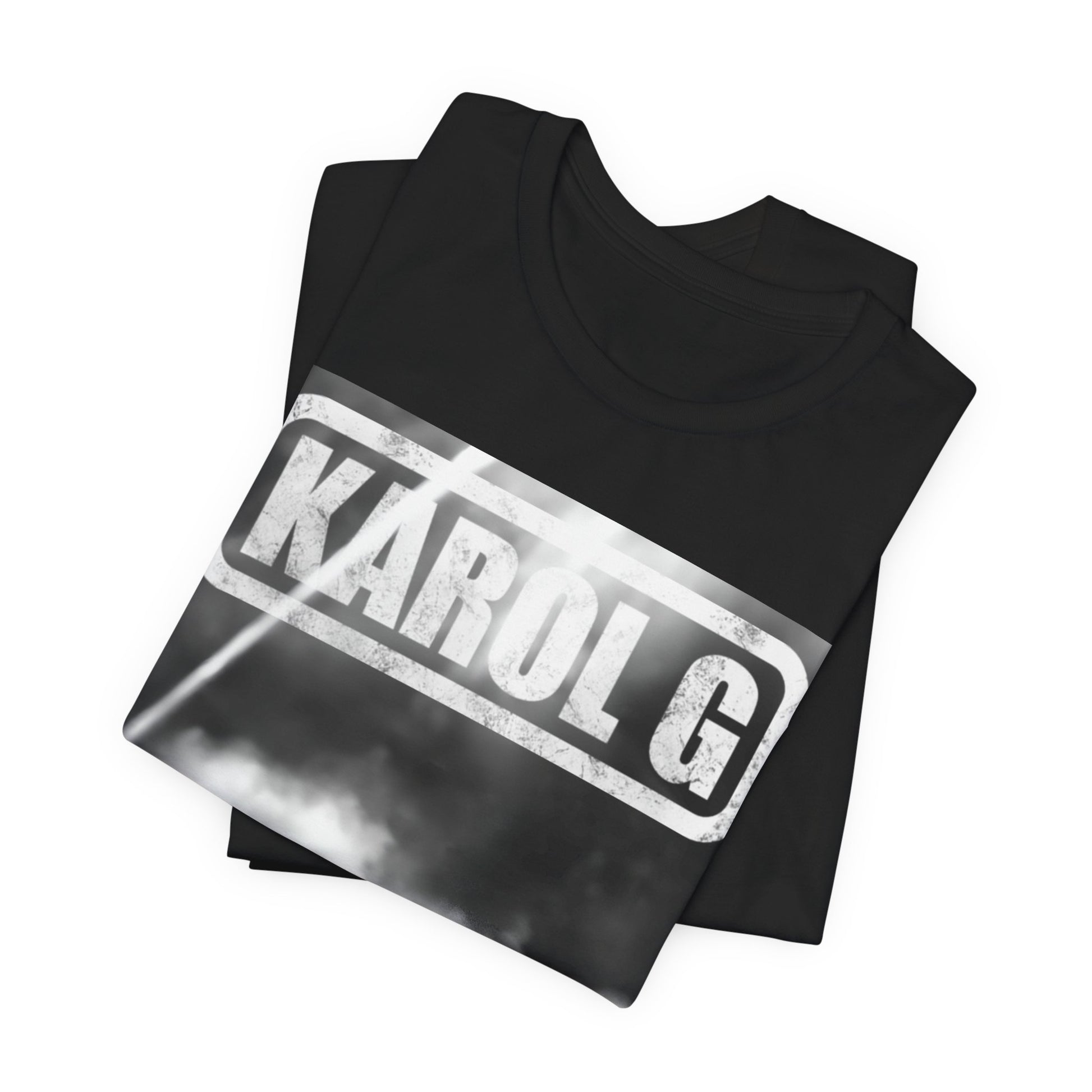 A black graphic t-shirt featuring a black and white graphic or photo of Karol G performing live on stage.
