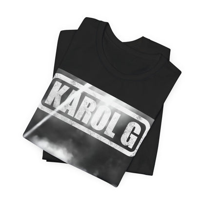 A black graphic t-shirt featuring a black and white graphic or photo of Karol G performing live on stage.