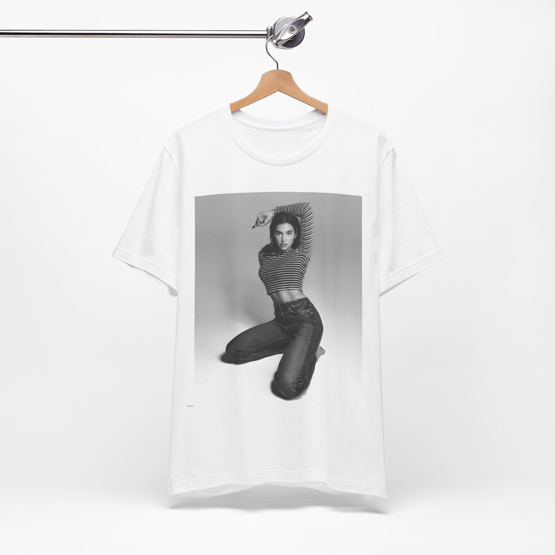 A black graphic t-shirt featuring a black and white photo of Dua Lipa in a posed manner.