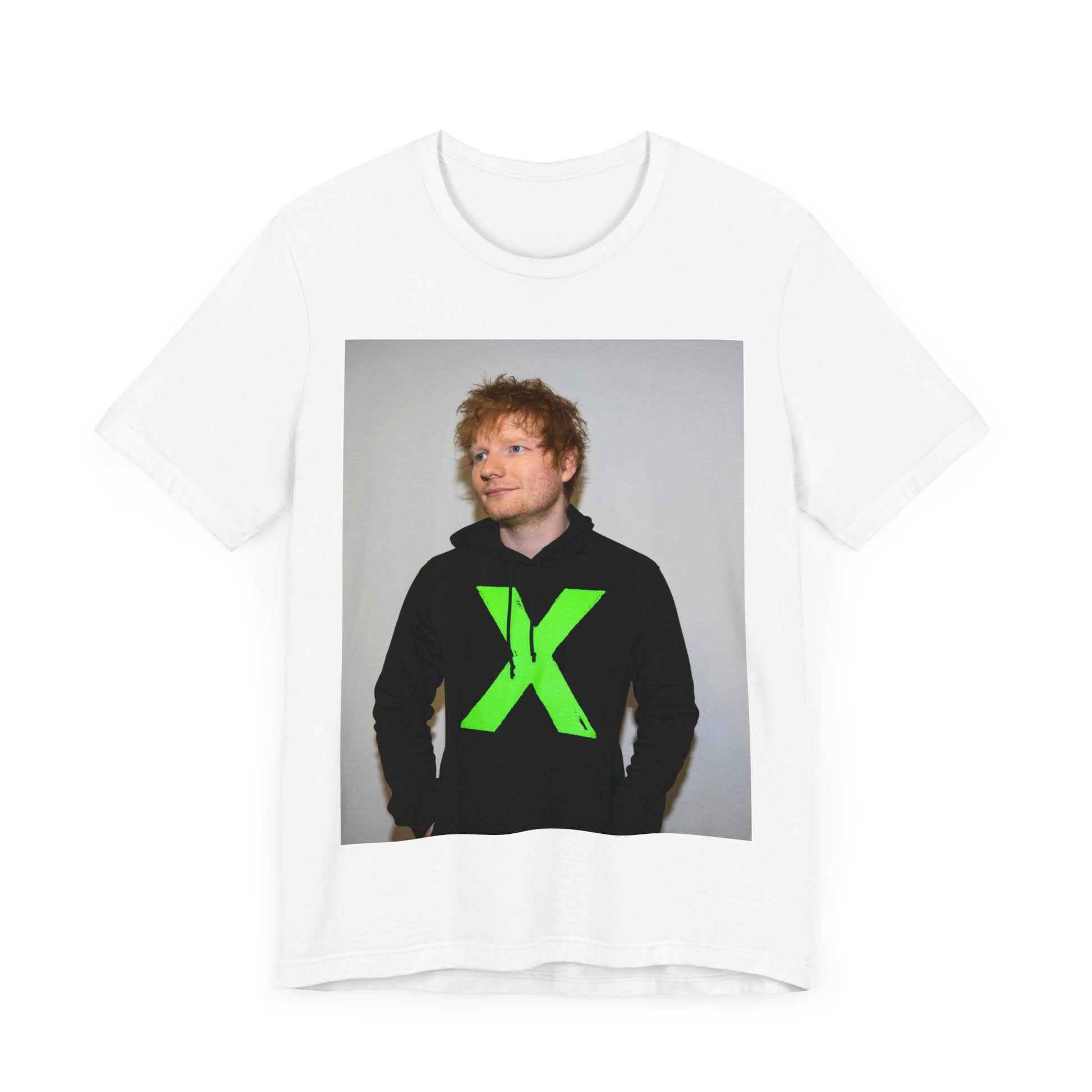 A black graphic t-shirt featuring an aesthetic graphic of Ed Sheeran related to his album 'X'.