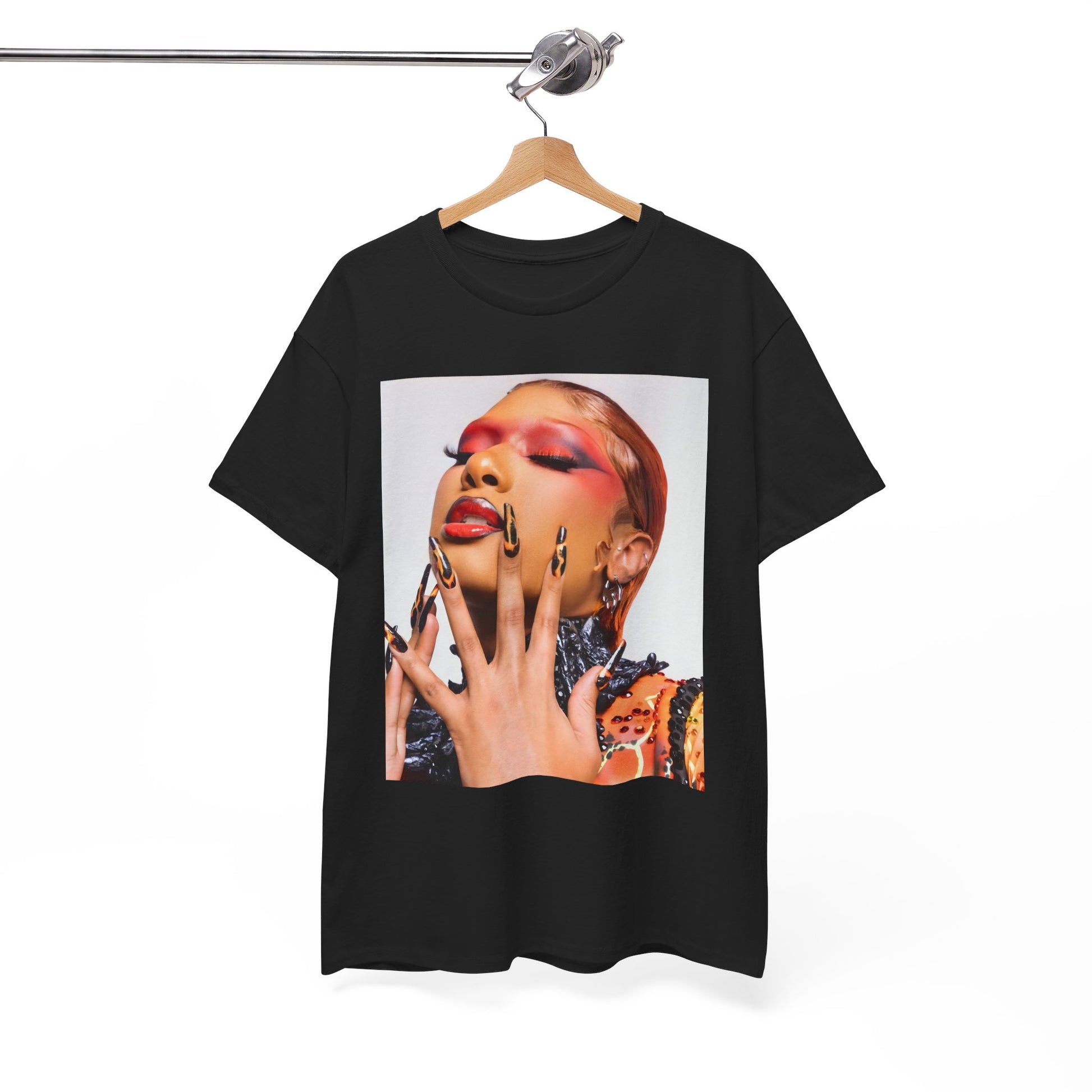 A black graphic t-shirt featuring a graphic related to Megan Thee Stallion's 'WAP' song or era.