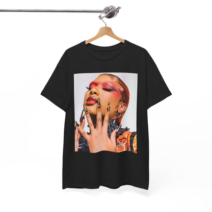 A black graphic t-shirt featuring a graphic related to Megan Thee Stallion's 'WAP' song or era.