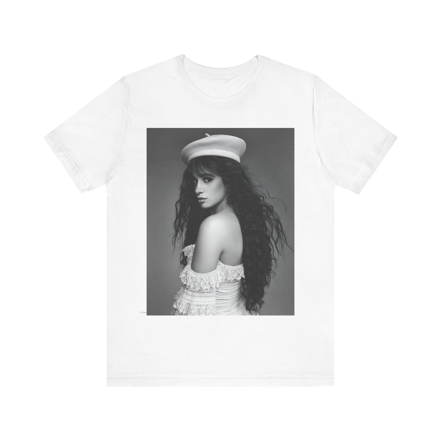 A black graphic t-shirt featuring a black and white graphic of Camila Cabello as a fierce Latina pop star.