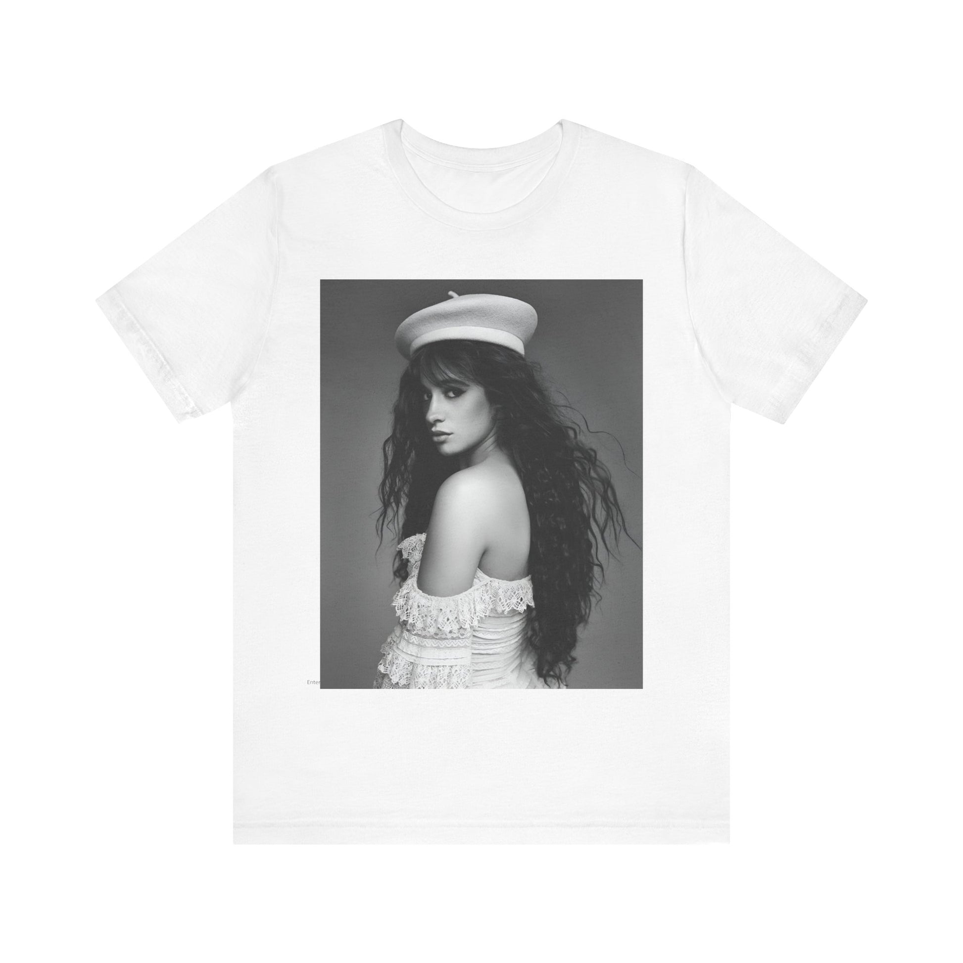 A black graphic t-shirt featuring a black and white graphic of Camila Cabello as a fierce Latina pop star.