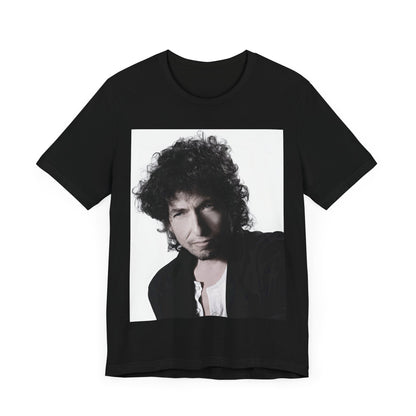 A black graphic t-shirt featuring a timeless folk rock graphic of Bob Dylan, possibly with his guitar or harmonica.